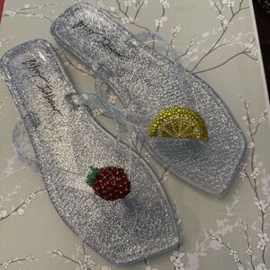 Betsey Johnson Strawberry Lemon Novelty Sparkle glitter Jelly Flip Flop Sandals